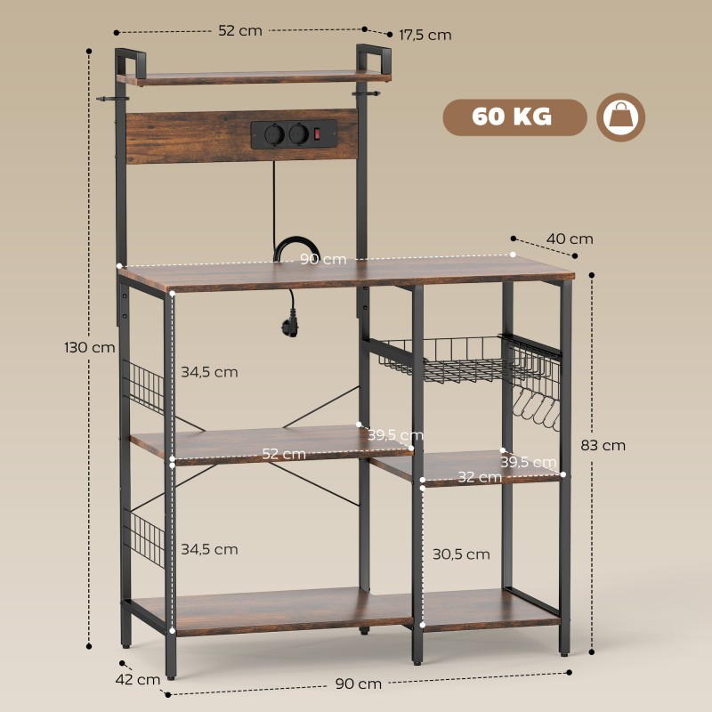 Keittiöhylly pistorasioilla, teräsrunko ja lastulevy, kori ja S-koukut, 90 x 42 x 130 cm, ruskea/musta
