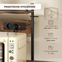 Keittiöhylly pistorasioilla, teräsrunko ja lastulevy, kori ja S-koukut, 90 x 42 x 130 cm, ruskea/musta