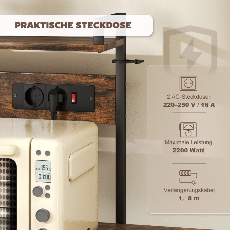 Keittiöhylly pistorasioilla, teräsrunko ja lastulevy, kori ja S-koukut, 90 x 42 x 130 cm, ruskea/musta