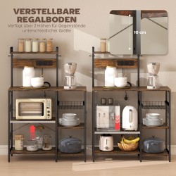 Keittiöhylly pistorasioilla, teräsrunko ja lastulevy, kori ja S-koukut, 90 x 42 x 130 cm, ruskea/musta