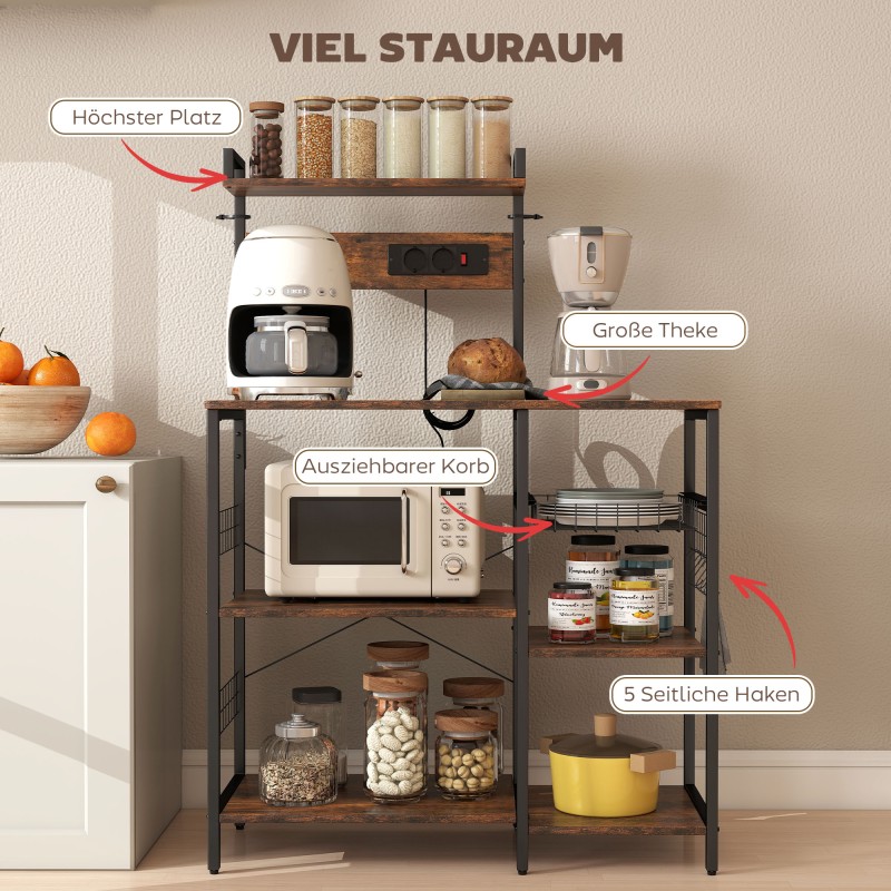 Keittiöhylly pistorasioilla, teräsrunko ja lastulevy, kori ja S-koukut, 90 x 42 x 130 cm, ruskea/musta