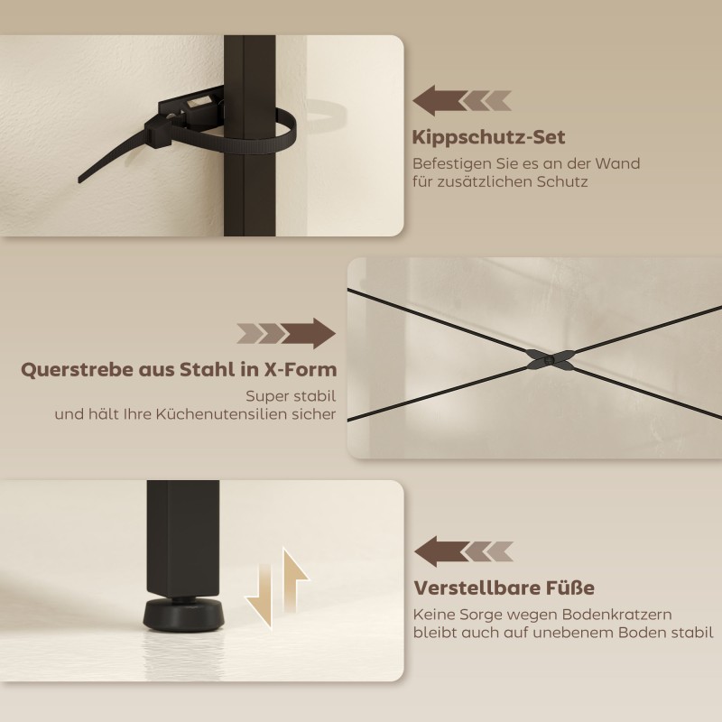 Keittiöhylly pistorasioilla, teräsrunko ja lastulevy, kori ja S-koukut, 90 x 42 x 130 cm, ruskea/musta