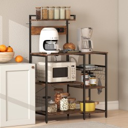 Keittiöhylly pistorasioilla, teräsrunko ja lastulevy, kori ja S-koukut, 90 x 42 x 130 cm, ruskea/musta