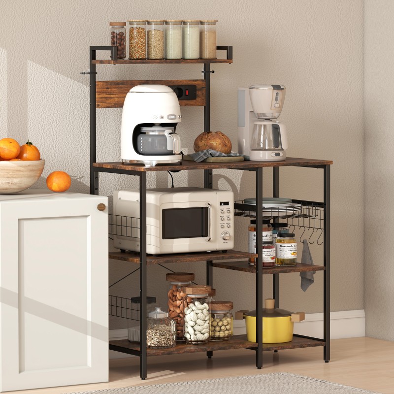 Keittiöhylly pistorasioilla, teräsrunko ja lastulevy, kori ja S-koukut, 90 x 42 x 130 cm, ruskea/musta