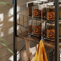 Keittiöhylly pistorasioilla, teräsrunko ja lastulevy, kori ja S-koukut, 90 x 42 x 130 cm, ruskea/musta