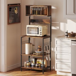 Keittiöhylly pistorasialla, teräsrunko ja levyt, 5 hyllyä, 5 S-koukkua, rustiikin ruskea, 60 x 42 x 153 cm