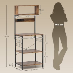 Keittiöhylly pistorasialla, teräsrunko ja levyt, 5 hyllyä, 5 S-koukkua, rustiikin ruskea, 60 x 42 x 153 cm