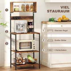 Keittiöhylly pistorasialla, teräsrunko ja levyt, 5 hyllyä, 5 S-koukkua, rustiikin ruskea, 60 x 42 x 153 cm