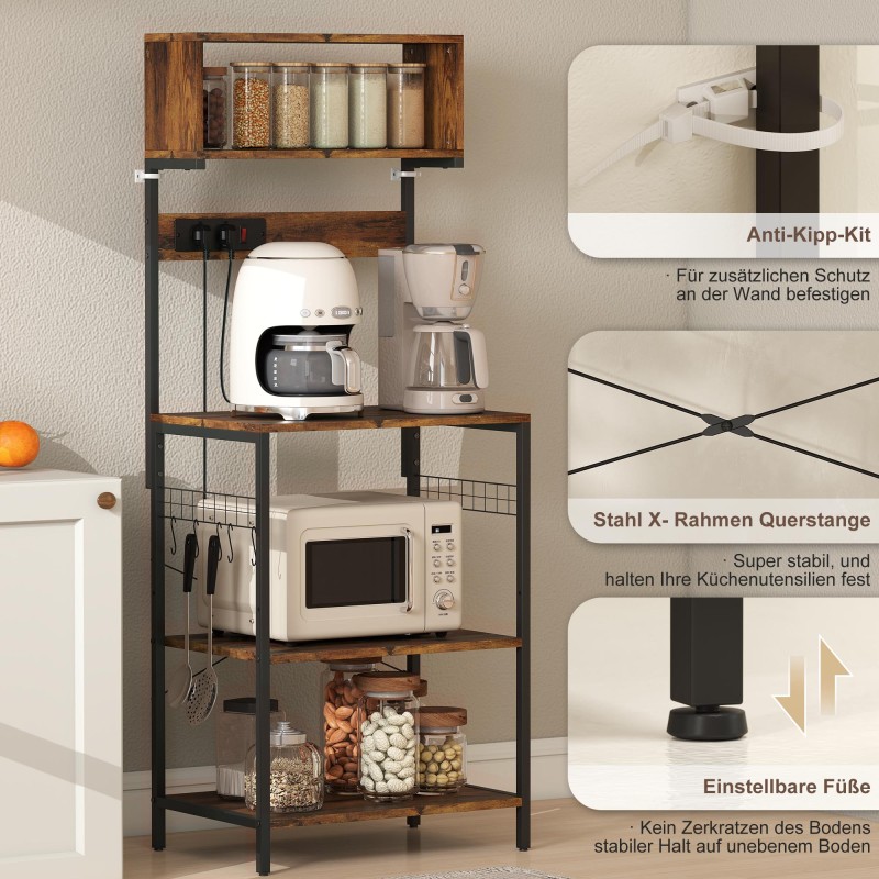 Keittiöhylly pistorasialla, teräsrunko ja levyt, 5 hyllyä, 5 S-koukkua, rustiikin ruskea, 60 x 42 x 153 cm