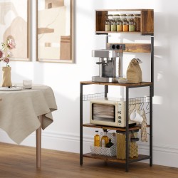 Keittiöhylly pistorasialla, teräsrunko ja levyt, 5 hyllyä, 5 S-koukkua, rustiikin ruskea, 60 x 42 x 153 cm