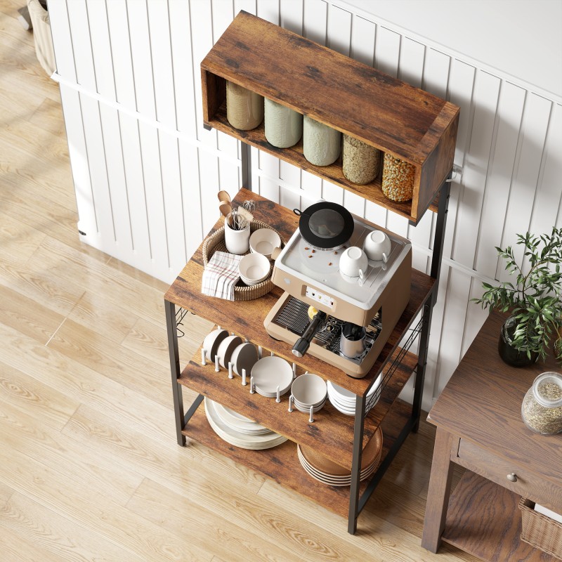 Keittiöhylly pistorasialla, teräsrunko ja levyt, 5 hyllyä, 5 S-koukkua, rustiikin ruskea, 60 x 42 x 153 cm