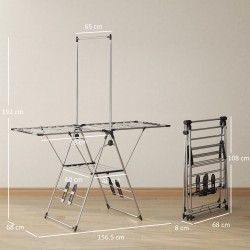 Pyykinkuivausteline säädettävillä siivekkeillä ja kenkätelineillä, ruostumaton teräs, 156,5 x 68 x 192 cm, hopea