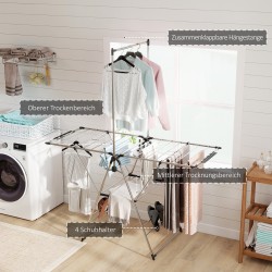 Pyykinkuivausteline säädettävillä siivekkeillä ja kenkätelineillä, ruostumaton teräs, 156,5 x 68 x 192 cm, hopea