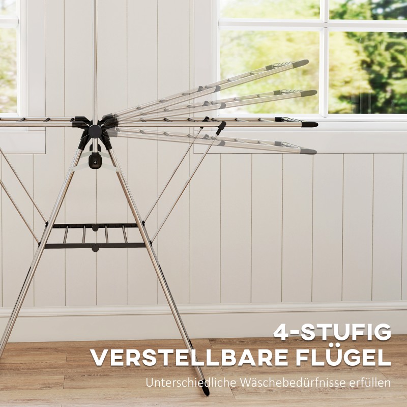 Pyykinkuivausteline säädettävillä siivekkeillä ja kenkätelineillä, ruostumaton teräs, 156,5 x 68 x 192 cm, hopea