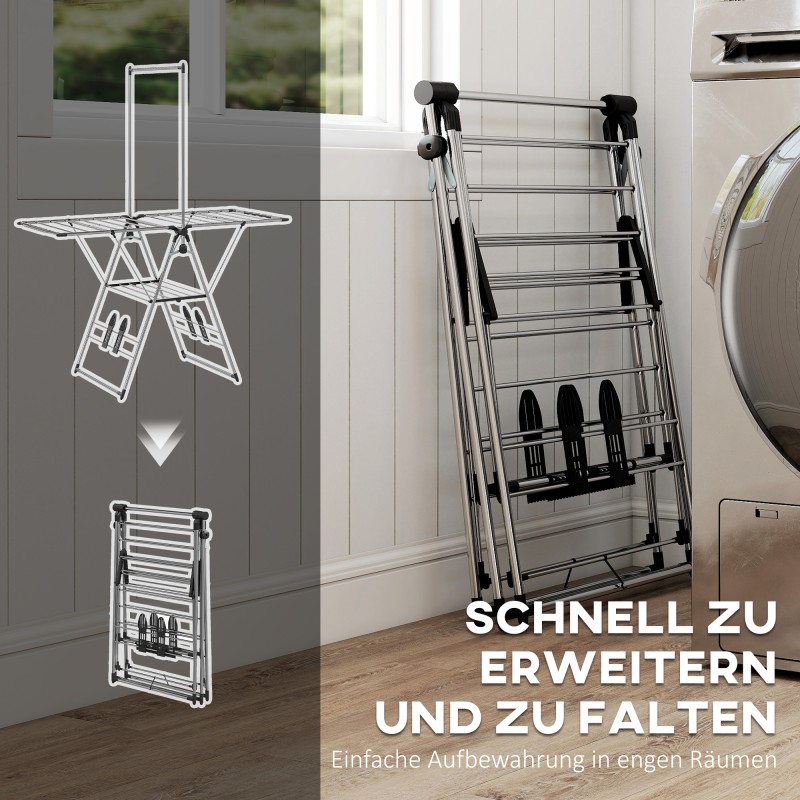 Pyykinkuivausteline säädettävillä siivekkeillä ja kenkätelineillä, ruostumaton teräs, 156,5 x 68 x 192 cm, hopea