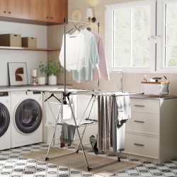 Pyykinkuivausteline säädettävillä siivekkeillä ja kenkätelineillä, ruostumaton teräs, 156,5 x 68 x 192 cm, hopea