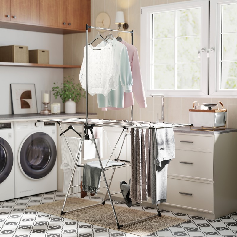 Pyykinkuivausteline säädettävillä siivekkeillä ja kenkätelineillä, ruostumaton teräs, 156,5 x 68 x 192 cm, hopea