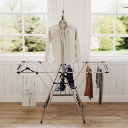 Pyykinkuivausteline säädettävillä siivekkeillä ja kenkätelineillä, ruostumaton teräs, 156,5 x 68 x 192 cm, hopea