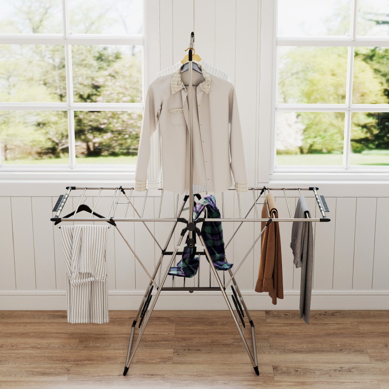 Pyykinkuivausteline säädettävillä siivekkeillä ja kenkätelineillä, ruostumaton teräs, 156,5 x 68 x 192 cm, hopea