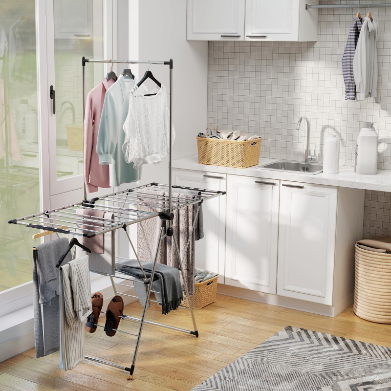 Pyykinkuivausteline säädettävillä siivekkeillä ja kenkätelineillä, ruostumaton teräs, 156,5 x 68 x 192 cm, hopea