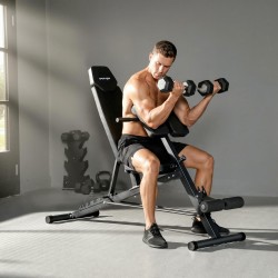 Monitoiminen säädettävä kuntopenkki kotiin, teräs ja keinonahka, selkänoja 6 asentoa, istuin 3 asentoa, musta