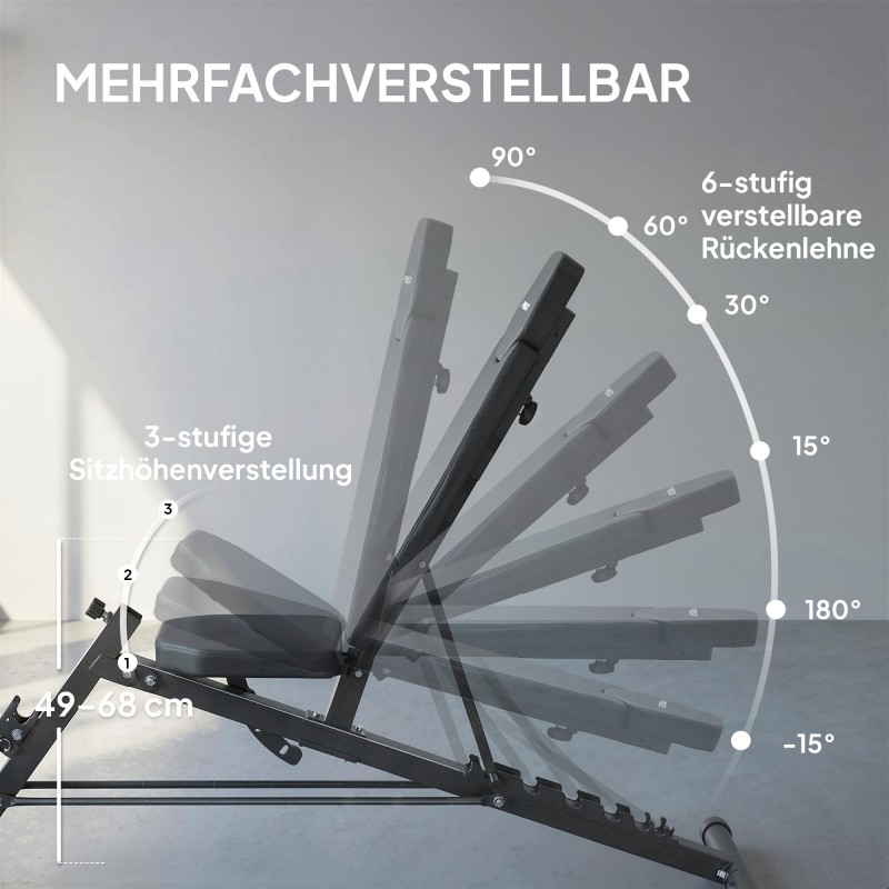 Monitoiminen säädettävä kuntopenkki kotiin, teräs ja keinonahka, selkänoja 6 asentoa, istuin 3 asentoa, musta