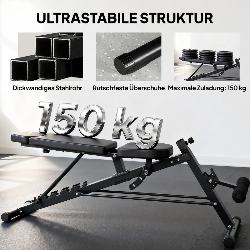 Monitoiminen säädettävä kuntopenkki kotiin, teräs ja keinonahka, selkänoja 6 asentoa, istuin 3 asentoa, musta