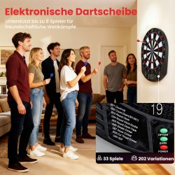 Elektroninen darttaulu 1–8 pelaajalle, LCD-näyttö, 6 pehmeäkärkistä darts-settiä, monivärinen