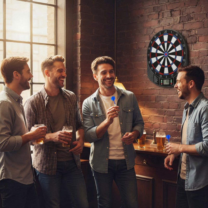 Elektroninen darttaulu 1–8 pelaajalle, LCD-näyttö, 6 pehmeäkärkistä darts-settiä, monivärinen