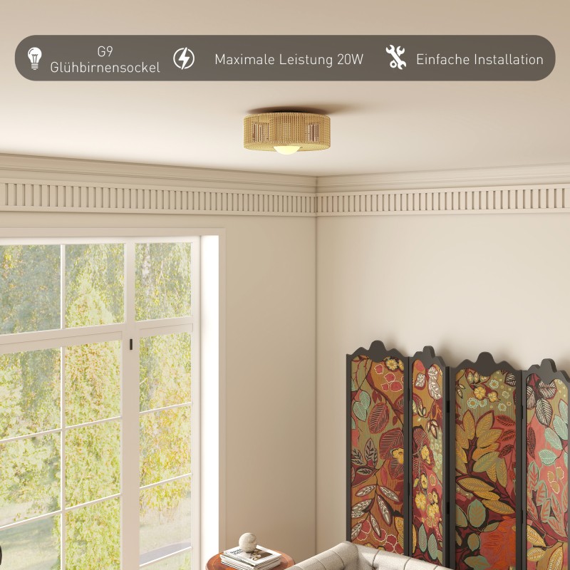 Boho kattovalaisin hamppuköysivarjostimella, G9 LED, Ø30 cm, vaaleanruskea-musta