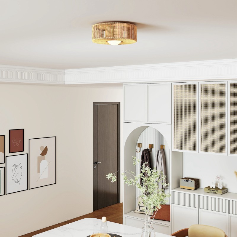 Boho kattovalaisin hamppuköysivarjostimella, G9 LED, Ø30 cm, vaaleanruskea-musta