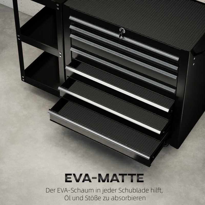 Työkaluvaunu 7 laatikkoa ja irrotettava sivuhylly, teräs, 96 x 33,5 x 75 cm, musta