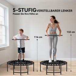 Fitness-trampoliini kotikäyttöön, säädettävä 5-portainen T-kahva, Ø102 cm, teräsrunko, musta