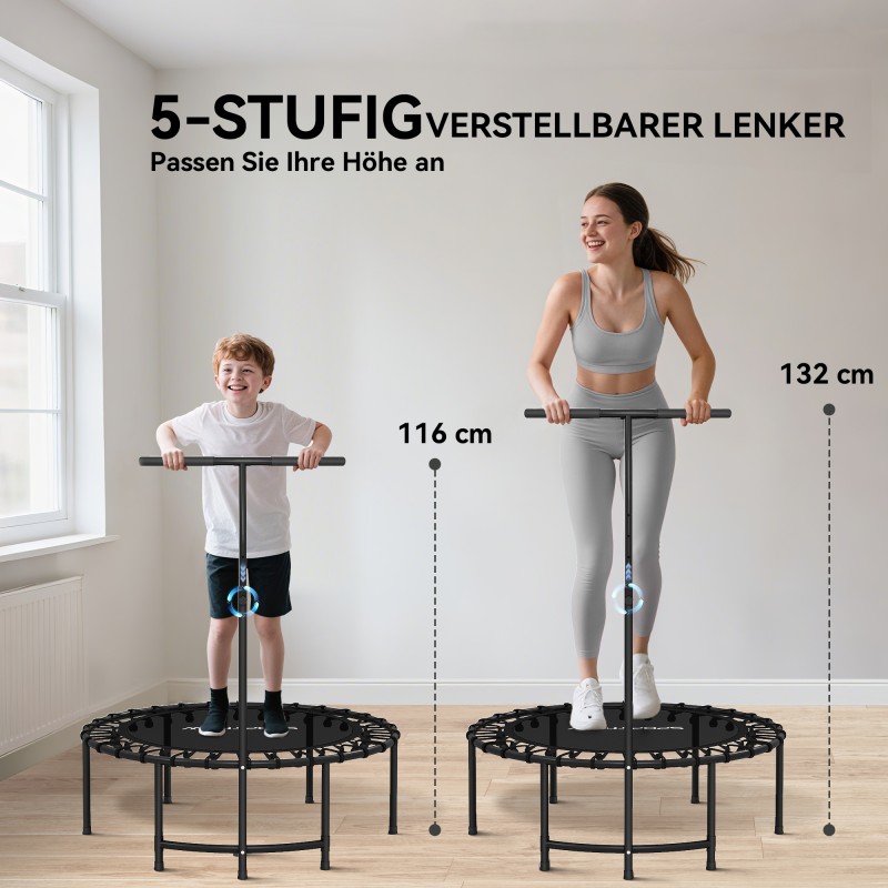 Fitness-trampoliini kotikäyttöön, säädettävä 5-portainen T-kahva, Ø102 cm, teräsrunko, musta