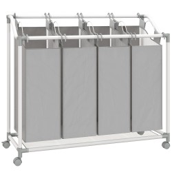 Pyykkivaunu 4 osastoinen 160 L metallirunko Oxford kangaspusseilla 97 x 38 x 81 cm harmaa valkoinen
