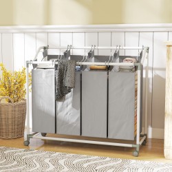 Pyykkivaunu 4-osastoinen 160 L metallirunko Oxford-kangaspusseilla 97 x 38 x 81 cm harmaa-valkoinen