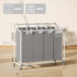 Pyykkivaunu 4-osastoinen 160 L metallirunko Oxford-kangaspusseilla 97 x 38 x 81 cm harmaa-valkoinen