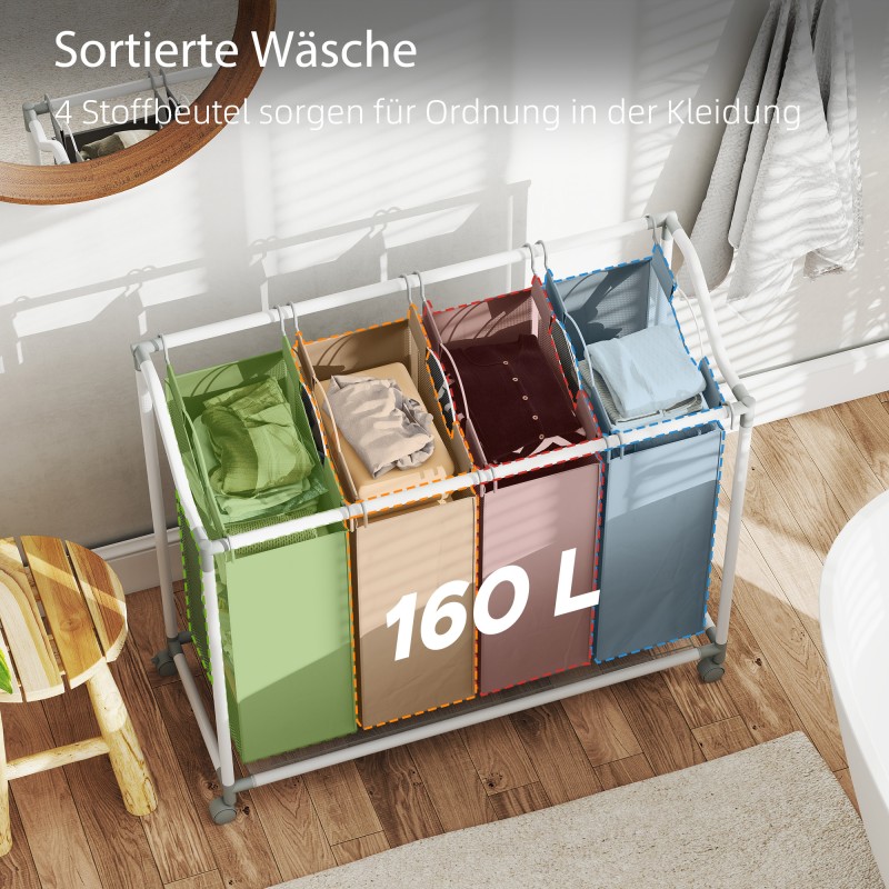 Pyykkivaunu 4-osastoinen 160 L metallirunko Oxford-kangaspusseilla 97 x 38 x 81 cm harmaa-valkoinen