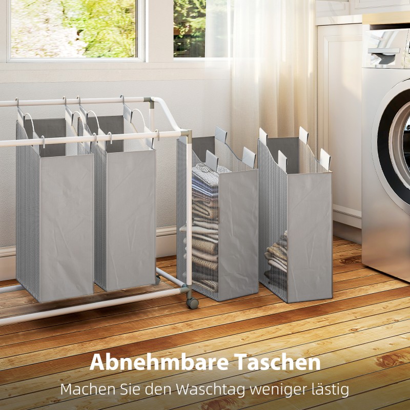 Pyykkivaunu 4-osastoinen 160 L metallirunko Oxford-kangaspusseilla 97 x 38 x 81 cm harmaa-valkoinen