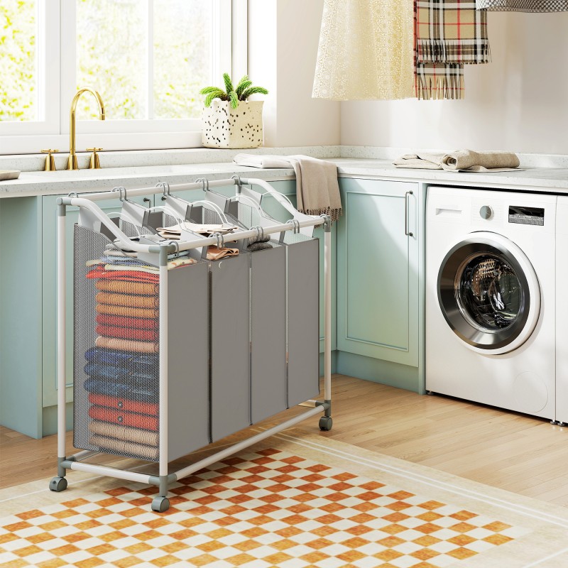 Pyykkivaunu 4-osastoinen 160 L metallirunko Oxford-kangaspusseilla 97 x 38 x 81 cm harmaa-valkoinen