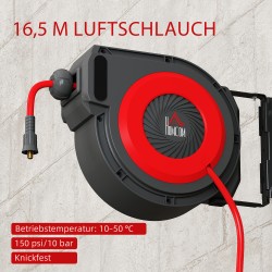 Paineilmaletkukela automaattisella kelauksella, 16,5 m letku, seinäkiinnitys, punainen/musta