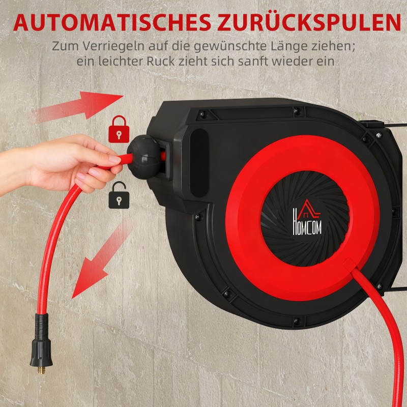 Paineilmaletkukela automaattisella kelauksella, 16,5 m letku, seinäkiinnitys, punainen/musta