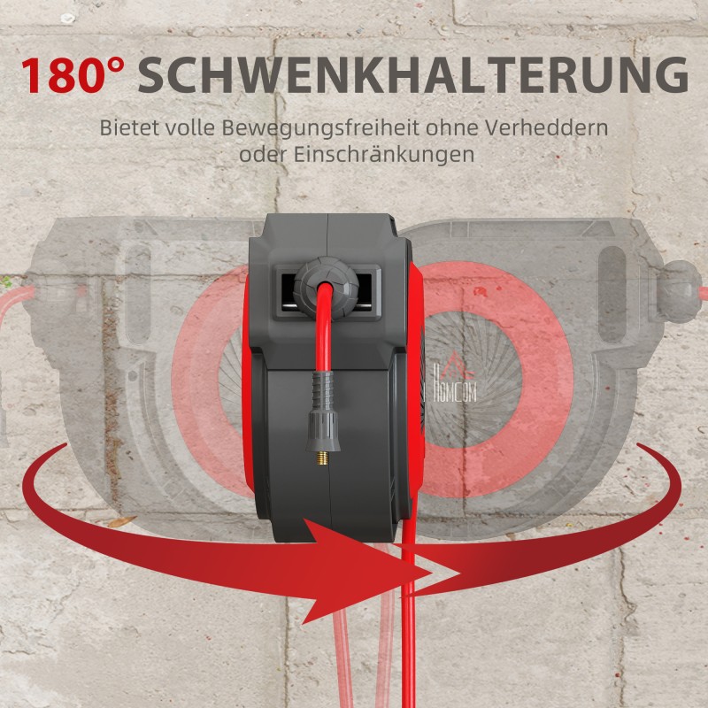 Paineilmaletkukela automaattisella kelauksella, 16,5 m letku, seinäkiinnitys, punainen/musta