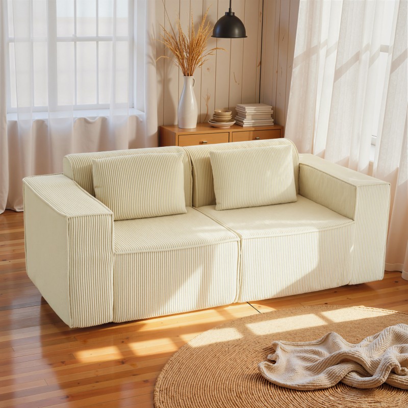 3-istuttava sohva olohuoneeseen, vaahtomuovirakenne, cord-kangas, leveät käsinojat, beige