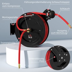 Seinään asennettava letkukela, automaattinen kelautuminen, 15+1 m letku, 20 bar, metallirunko