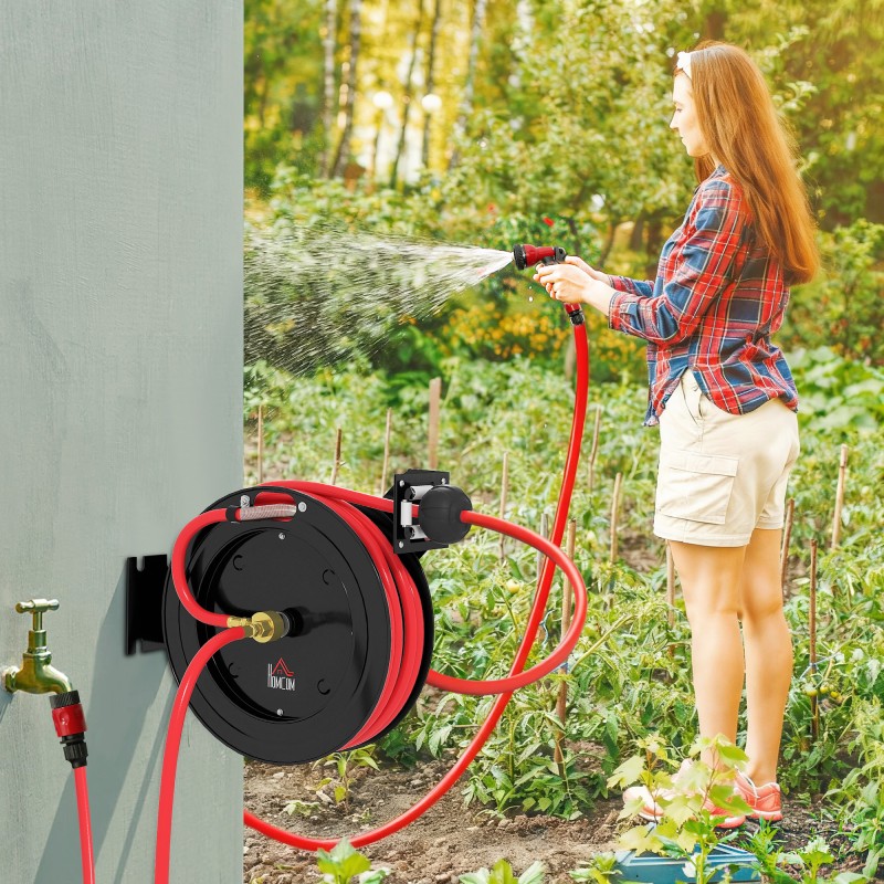 Seinään asennettava letkukela, automaattinen kelautuminen, 15+1 m letku, 20 bar, metallirunko