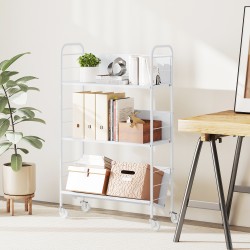 Kirjahylly säilytyshylly 3 tasoa metallia pyörillä 69 x 26 x 108 cm valkoinen