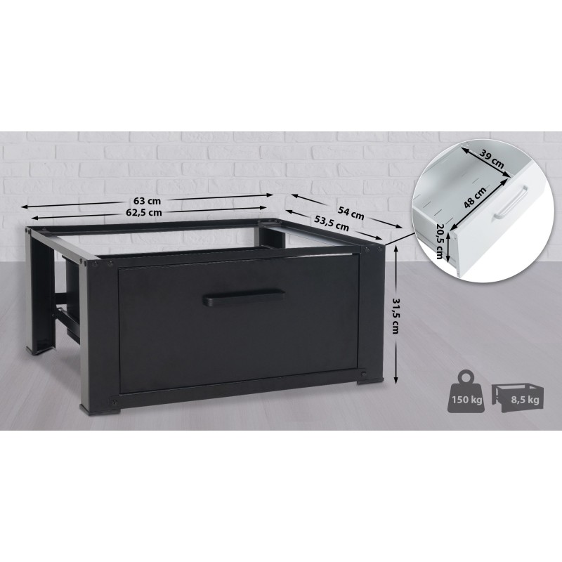 Pesukoneen alusta laatikolla, 31,5 cm korkea, 150 kg kantavuus