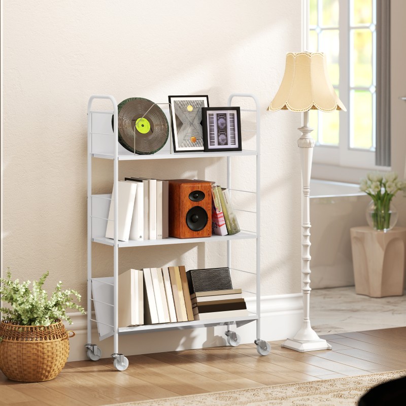 Kirjahylly säilytyshylly 3 tasoa metallia pyörillä 69 x 26 x 108 cm valkoinen