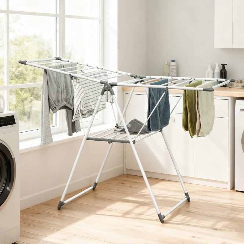 Pyykkiteline kaksitasoinen taitettava metallinen 156,5 cm kuivausala valkoinen